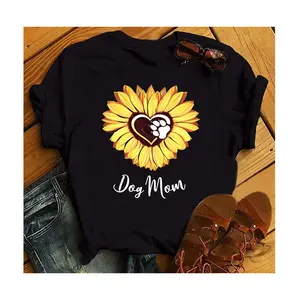 가을 여름 인기 해바라기 소녀 프린트 느슨한 커스텀 O 칼라 레트로 여성 티셔츠 판매 의류 공장