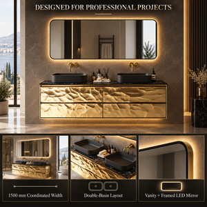 Mobile da Bagno Sospeso a <span class=keywords><strong>Doppio</strong></span> Lavabo in Marmo per Hotel, Set Mobiletto da Bagno a Parete con Specchio e Luce - Product Image 4