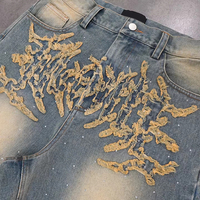 YSJY OEM Jean en denim de luxe personnalisé pour homme, style streetwear, en coton, effet vieilli, coupe large, brodé, entièrement orné de strass, délavé à l'acide