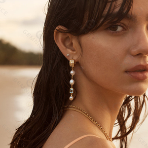 Gemnel mới đồ trang sức thời trang bán buôn Bohemia phong cách 18K vàng vermeil S925 ngọc trai nước ngọt màu xanh Topaz Hoops lủng lẳng Bông tai - Product Image 3