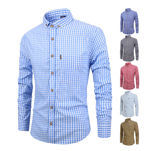 Veste de chemise haute coupe ajustée décontractée pour hommes transfrontaliers automne hiver coton respirant à manches longues <span class=keywords><strong>Plaid</strong></span> teint uni - Product Image 3