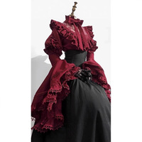 Ensemble 2 pièces Lolita Gothique Sombre pour Femme : Blouse à Manches Hime en Dentelle Rouge Vin et Corset Noir à Baleines, Jupe Longue Maxi – Tenue de Soirée