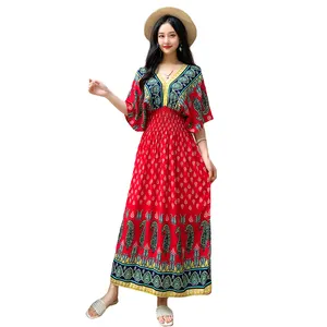 Women's Summer Casual Loose Silhouette V-Neck Thai Style Cotton Silk Floral Dress Southeast Asian Ethnic Print Travel Holiday