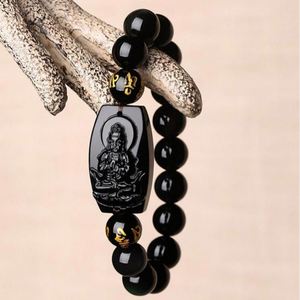 Bracelet en Obsidienne Chinoise 10mm, Bracelet en Obsidienne Noire, Breloques Zodiaque Chinois, Dieu, Bouddha, Protecteur, Bracelet en Cristal pour Hommes - Product Image 3