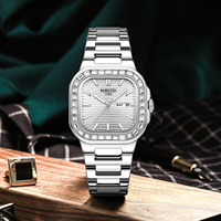 Grosir Pabrik Jam Tangan Pria NIBOSI 2733 Quartz Persegi Bezel Berlian Dual Tanggal Tali Baja Tahan Karat Tahan Air