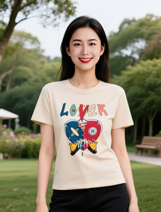 T-shirt da donna con stampa cuore spezzato, manica corta, girocollo, cotone 180g, casual, per tutte le stagioni, lavabile in lavatrice - Product Image 2