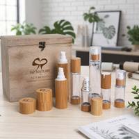 Set Botol Pompa Tanpa Udara Bambu Mewah Ramah Lingkungan, Wadah Krim Kosmetik Isi Ulang, Wadah Losion, Pasokan Grosir