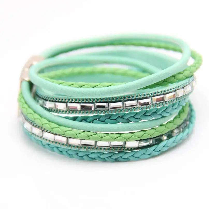 Boho Multi Layer Leather Wrap Bracelet Braided Cuff Crystal Bead Bracelets Bangle Rhinestone Magnetic Clasp Bracelet for Women