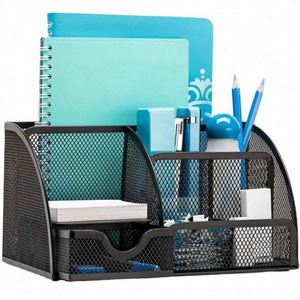 Black Desk Organizers Office Mesh Desk Tidy Organiser <b>6</b> Components Pen Holder with <b>Drawer</b> Multifunctional Stationary Organiser - Product Image 1