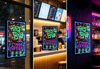 Tableau d'écriture LED lumineux en gros, installation flexible, mural ou sur pied, plusieurs tailles, pour usage commercial
