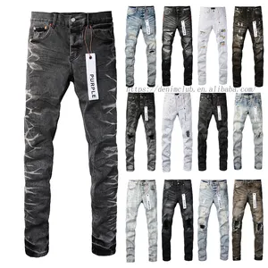 High Quality Men's Cotton Denim Streetwear Pants Wholesale Mid Straight Moustache Effect Distressed Wash Purple Brand Jeans