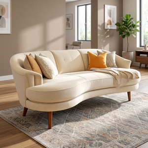 Modern Curved Scandinavian <b>Sofa</b> Set Luxury Cream Fabric Living Room Wood Legs Padded Arms Contemporary Furniture - Product Image 2