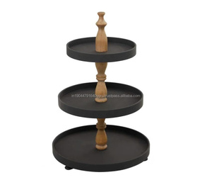 New Designed Wooden <b>Cake</b> <b>Server</b> With Wooden Black Coated Serving Three Tier Plates And Round Small Pedestal Support - Product Image 1