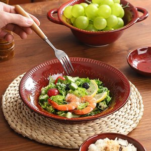 Juego de Platos y Tazones de Cerámica Vintage con Efecto de Horno, Color Rojo <span class=keywords><strong>Carmen</strong></span>, Vajilla para Restaurante y Hogar, Plato para Sopa, Plato para Pizza, Cocina - Product Image 3