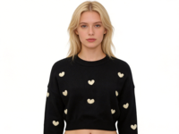 Pull en tricot à motif cœur pour femme, col ras du cou, manches longues, décontracté, mignon, coupe courte