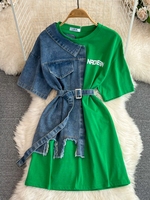 Robe Chemise en Jean Femme Col Rond Bloc de Couleurs Taille Cintrée Écologique Décontractée Été 2026 – Vente en Gros pour Boutiques