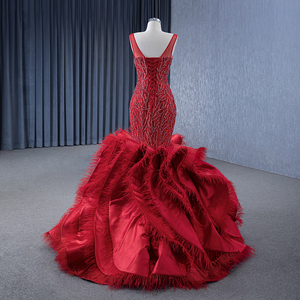 Robes de soirée en tulle rouge plissé à bretelles fines pour soirée élégante, robe de mariée ornée de perles de cristal pour femmes noires Rsm231143 - Product Image 6