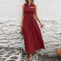 Fournisseur Robe longue décontractée sans manches à col ras du cou avec ceinture nouée Robes de vacances confortables et respirantes avec poche