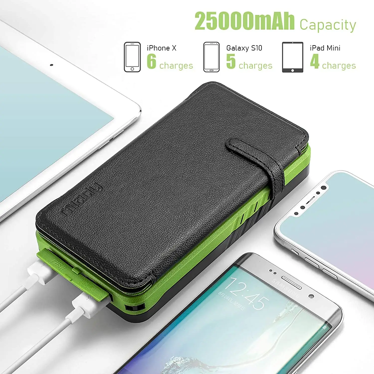 Solar Power Bank Camping Phone Charger 25000mAh Dual Output, External Battery Pack for iPhone, Samsung Galaxy, Android P