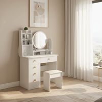 Table de toilette moderne en chêne européen avec miroir éclairé, étagères, tiroirs et tabouret – Prix usine 2026