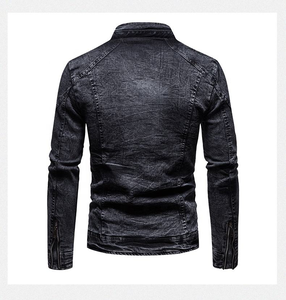 <b>Men's</b> <b>Denim</b> <b>Jacket</b> Stand Collar Zipper Closure Slim Fit Casual Autumn Wear Solid Color Woven Cotton Lining Regular Length - Product Image 2