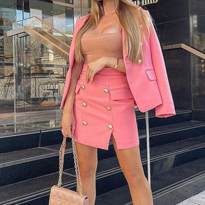 Conjunto de Blazer de manga larga para <span class=keywords><strong>mujer</strong></span>, ropa de dos piezas con falda y doble botonadura, Color liso, Primavera - Product Image 1