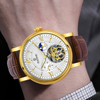 44mm Römische Ziffern Skelett Mondphase Automatische Mechanische Uhr Herren Lederarmband Leuchtend 3ATM Wasserdicht Business Armbanduhr