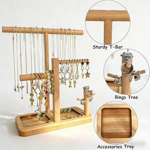 Wooden Jewelry Storage Rack With Hanging Rods And Compartments For Necklaces Earrings Bracelets Rings Desktop Organizer - Product Image 3