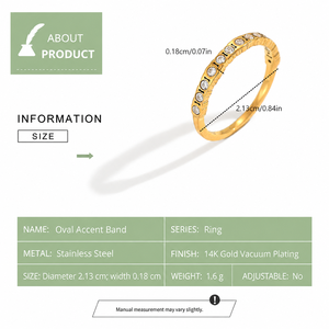 Anillo Ovalado con Banda Decorativa de Acero Inoxidable, Chapado al Vacío en Oro de 14K, Anillo Delgado Pulido con Hilera de Detalles Transparentes - Product Image 2