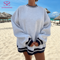Sweat-shirt à col rond pour femme en molleton 100% coton de haute qualité, avec ourlet et poignets rayés roses, coupe ample, style décontracté