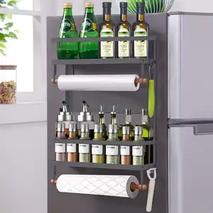 2023 Magnetic Fridge Organizer Towel Holder and Mobile Hooks 2-tier Kitchen Magnetic Spice Rack with Paper Kitchen Accessories