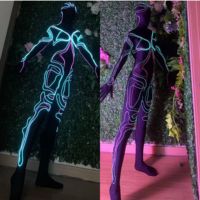 Combinaison Lumineuse LED Costume Tron Costume Lumineux Halloween Homme Femme Tenue de Scène Sexy Bodycon Club Combinaison Playsuit