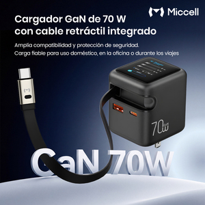 Cargador Miccell 70W GaN con USB-<span class=keywords><strong>C</strong></span>, <span class=keywords><strong>Cable</strong></span> de Carga Rápida, Adaptador de Pared y Pantalla Digital - Product Image 2