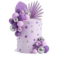 Lila Discokugel Tortendeko-Set Papierfächer Matte Glitzer-Kugeln Silberner Spiegel-Topper Geburtstagsparty Zubehör Dekoration