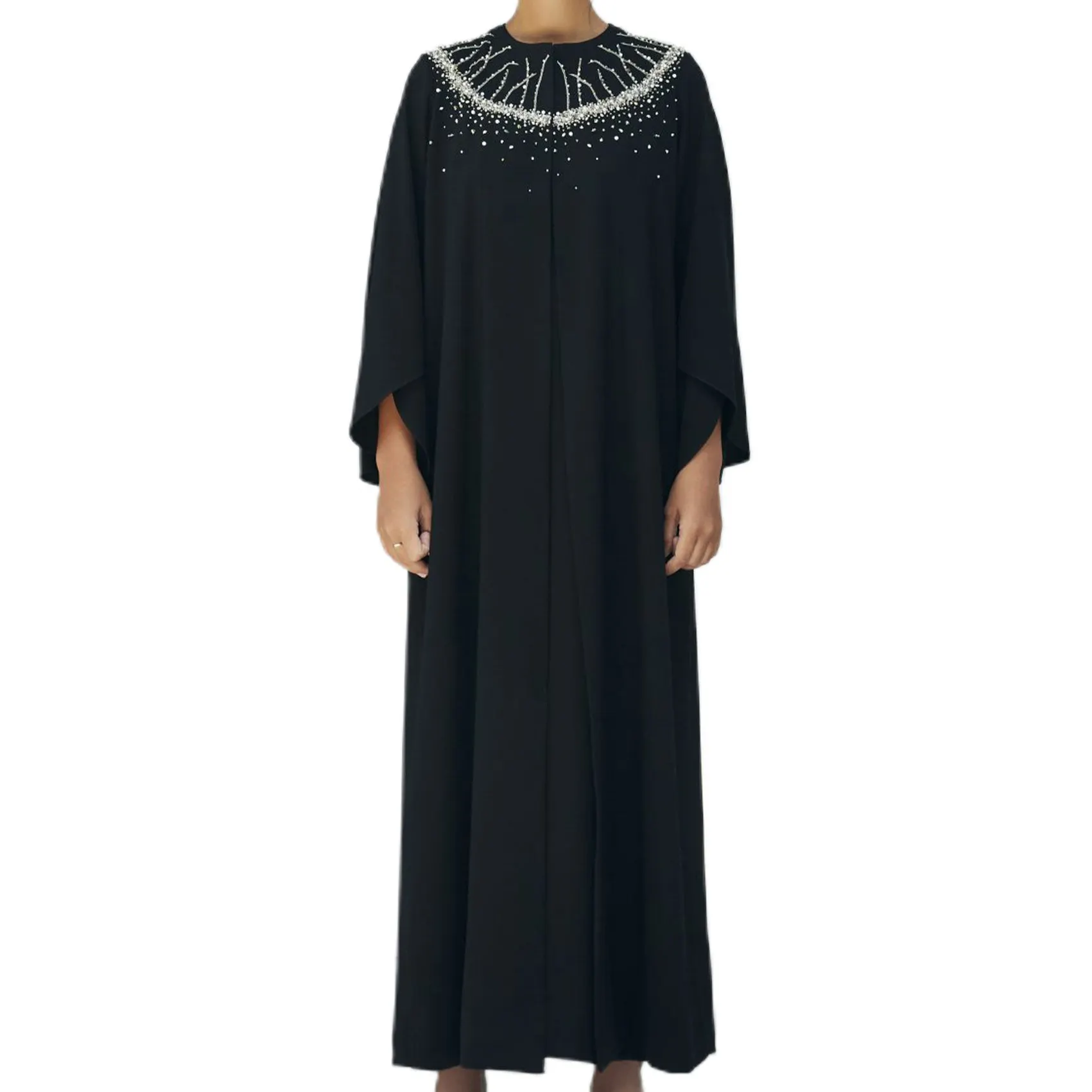 Turquie Dubai Bescheiden Khimar Hijab Abaya Borduurmotieven Zwarte Strass Abaya Baju Arabische Vrouwen Volwassenen Rond Islam Ondersteuning