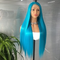 Wig Serat Sintetis Premium Futura Fibra HD 13*4 Lace Front 320g Biru Muda Lurus Matte Tahan Panas untuk Wanita