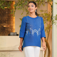 Blus Wanita Premium Berkualitas Tinggi, Kasual, Bahan Linen Biru Bordir, Lengan Tiga Perempat, Kancing Setengah