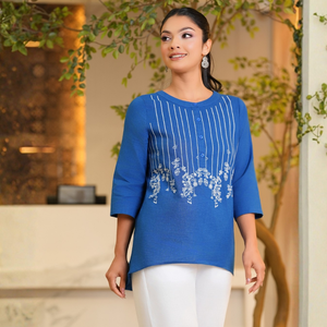 Blusa de Lino Azul de Primera Calidad, Bordada, con Botones a la Mitad, para Mujer - Product Image 3