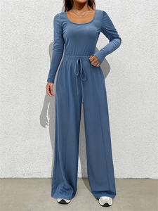 Manches longues col carré mince body cravate <span class=keywords><strong>taille</strong></span> jambe <span class=keywords><strong>large</strong></span> <span class=keywords><strong>pantalon</strong></span> tenues femmes deux pièces ensemble pantalons décontractés - Product Image 6