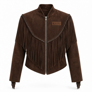 Brown <b>Fringe</b> <b>Suede</b> <b>Jacket</b> Stand Collar Short Sleeve Regular Fit Casual Outerwear for Autumn Winter - Product Image 1