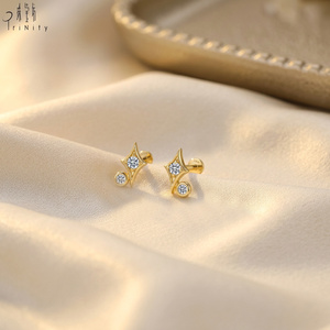 Boucles d'oreilles étoile à quatre branches populaires en gros, en or massif 14 carats, diamant naturel, bijou fin à piercing unique, boucles d'oreilles clous faites à la main - Product Image 6