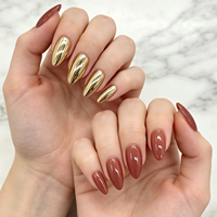 Lot de 24 faux ongles à presser personnalisés en gros, couleur or métallisé chromé, forme amande, marron, réutilisables, pour salon