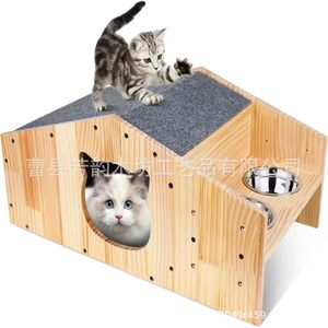 Casa para gatos de madera maciza con estación de alimentación y tapete rascador para gatos pequeños, forma rectangular, muebles multifuncionales para mascotas - Product Image 1