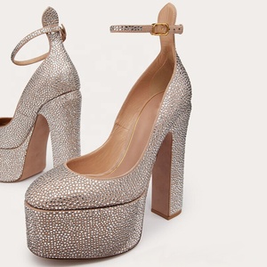 Lady's Dress High Heel <b>Shoes</b> Square Toe Bling Rhinestone Sexy Pumps Chunky High Heel Platform Ankle Buckle Strap - Product Image 2