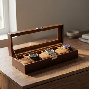 Wood <b>Watch</b> Box Rectangle Glass Lid Faux Suede Interior Snap Closure Dustproof Storage <b>Case</b> for Men Women - Product Image 1