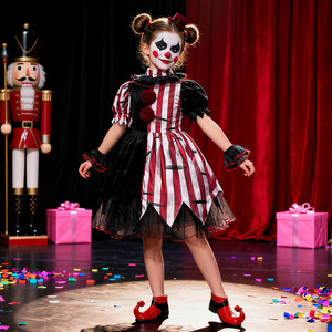 Yi Xiaoyi Disfraz de payaso para niños, traje de circo para niñas, vestido de Halloween con sombrero y mangas a rayas rojas y blancas - Product Image 3