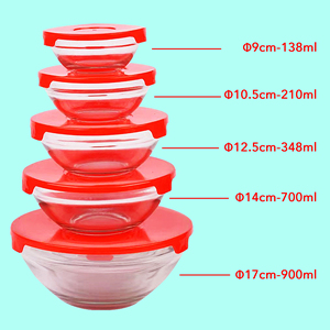 Cadeaux pour la fête des mères, ensemble de 5 saladiers en verre avec couvercles hermétiques, empilables, multi-tailles, design classique, verre + PP - Product Image 6