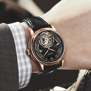 Livraison directe pour montre unisexe multifonctionnelle, tourbillon, phase de lune, mécanique, luxe, acier inoxydable, bracelet en cuir, saphir - Product Image 2