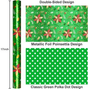Poinsettia Christmas Gift Wrapping Paper Green 17 Inch X 33 Feet Roll Anti Curl For Holiday Gift <b>Wrap</b> - Product Image 3