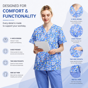 Conjunto de Uniformes Médicos ANNO con Logotipo Personalizado y Estampado Floral - Tela T/C Anti-Pilling - Uniformes de Enfermería <span class=keywords><strong>Unisex</strong></span> de Corte Holgado al por Mayor - Product Image 2